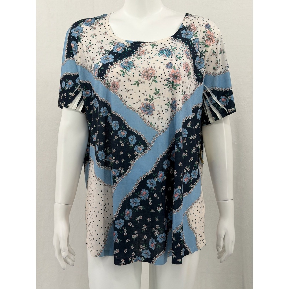 One World Top Womens‎ 2X Blue Floral Embellished Patchwork Spring Boho Artsy